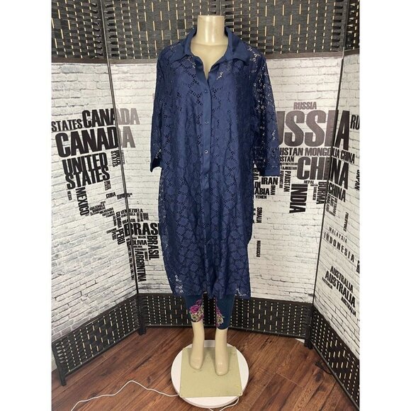 Woman Within 2 PC 2X Navy Perforated Lace Button Collar 3/4 Sleeve Shirt Dress - Picture 2 of 6